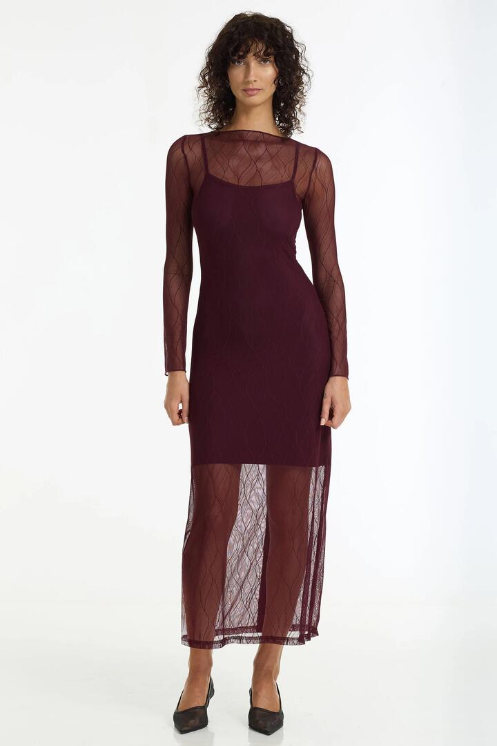 Image of Dresses. Product name - Gigi Burgundy Veil Lace LS Maxi Dress in Red colour by brand - Blak
