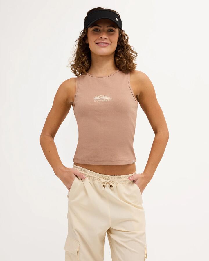 Image of a model wearing Tops. Product name - Quiksilver Womens Omni Star Rib Tank Almond in Almond colour by brand - Quiksilver
