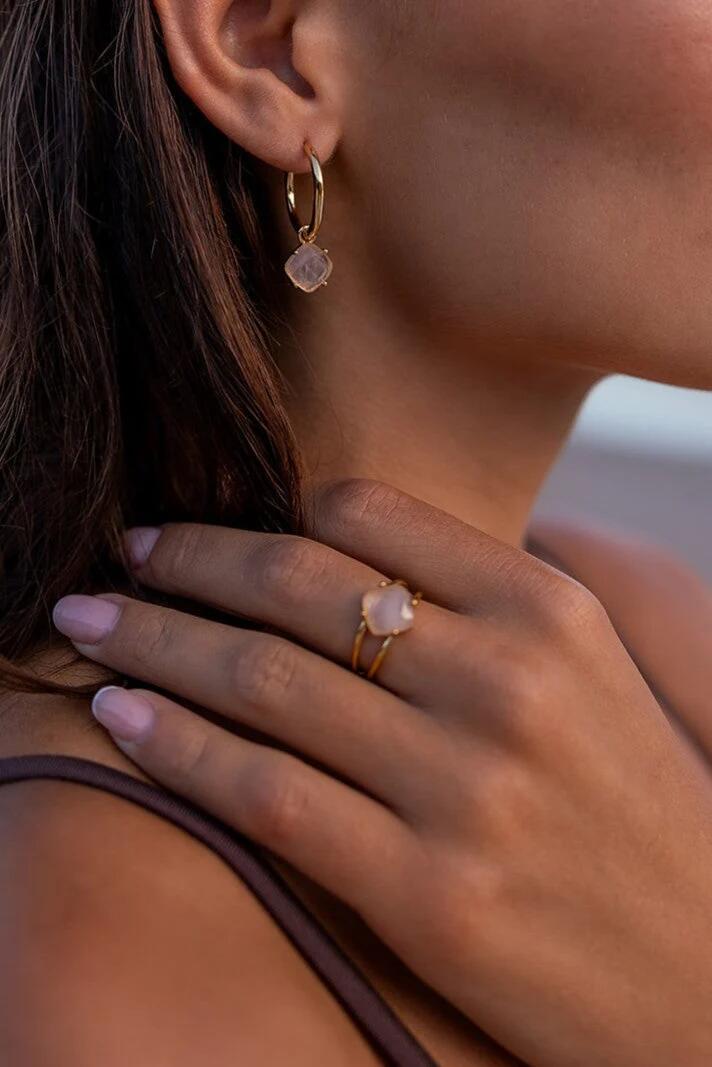 Image of Jewelry. Product name - Calming 18k Gold Plate EOL with Rose Quartz Medium Ring in Gold colour by brand - Love Lunamei