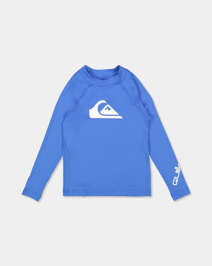 Image of a model wearing Tops. Product name - Quiksilver Boys 2-7 All Time Long Sleeve Rash Vest Palace Blue in Palace Blue colour by brand - Quiksilver