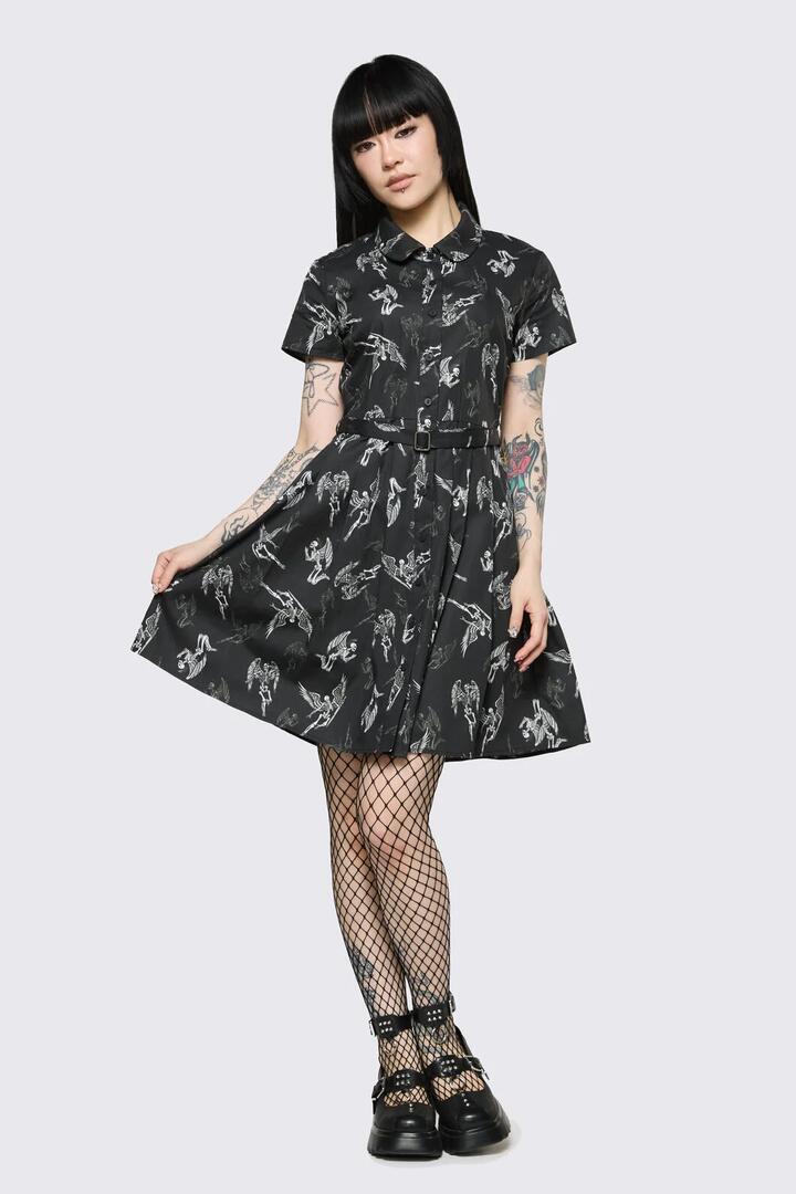 Image of Dresses. Product name - Archangel Print Pleated Dress in Black/White colour by brand - Dangerfield