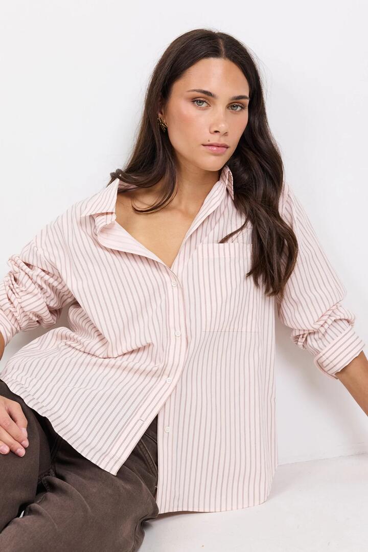 Image of Shirts. Product name - You Got This Blush Double Pinstripe Oversized Boyfriend Shirt in Blush Double Pinstripe colour by brand - Stories be Told