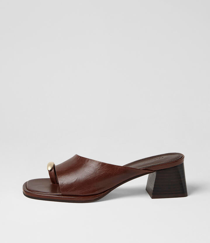 Image of Sandals. Product name - Mathila Choc Vintage Dark Brown Leather Sandals in Choc Vintage-Dk Brown Heel colour by brand - MOLLINI
