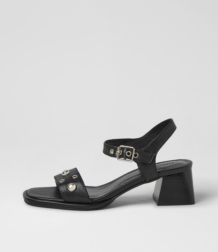 Image of Sandals. Product name - Mariell Black Leather Sandals in Black-Black Heel colour by brand - MOLLINI