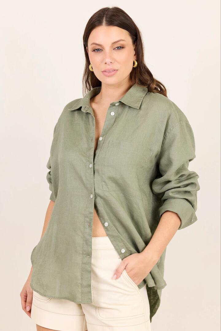 Image of Shirts. Product name - Uplifted Soft Khaki Linen Oversized Shirt in Soft Khaki colour by brand - RE:UNION Label