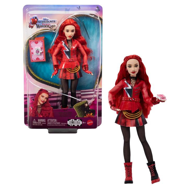 Image of Dolls. Product name - Disney Descendants: Wicked Wonderland, Red, Daughter of Queen of Hearts Fashion Doll & Accessory in colour by brand - Disney Descendants