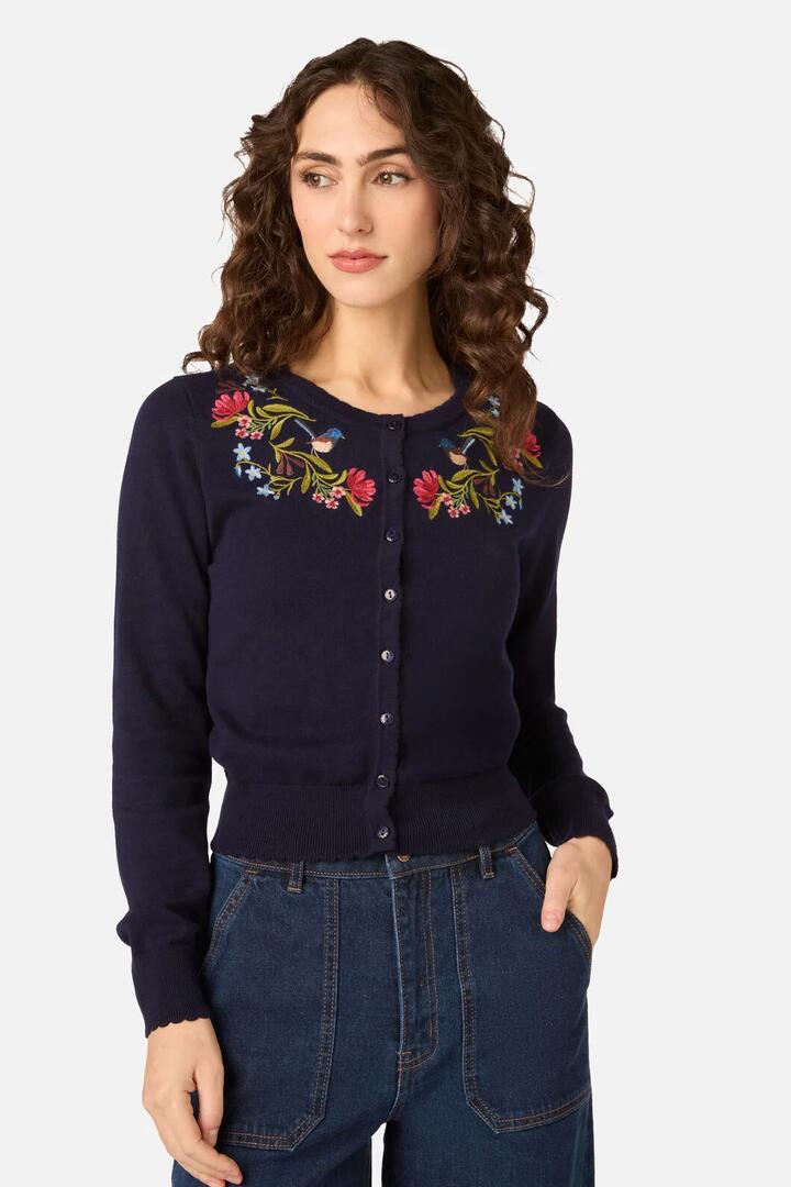 Image of Cardigans. Product name - Wren Embroidered Cardigan in Navy colour by brand - Princess Highway