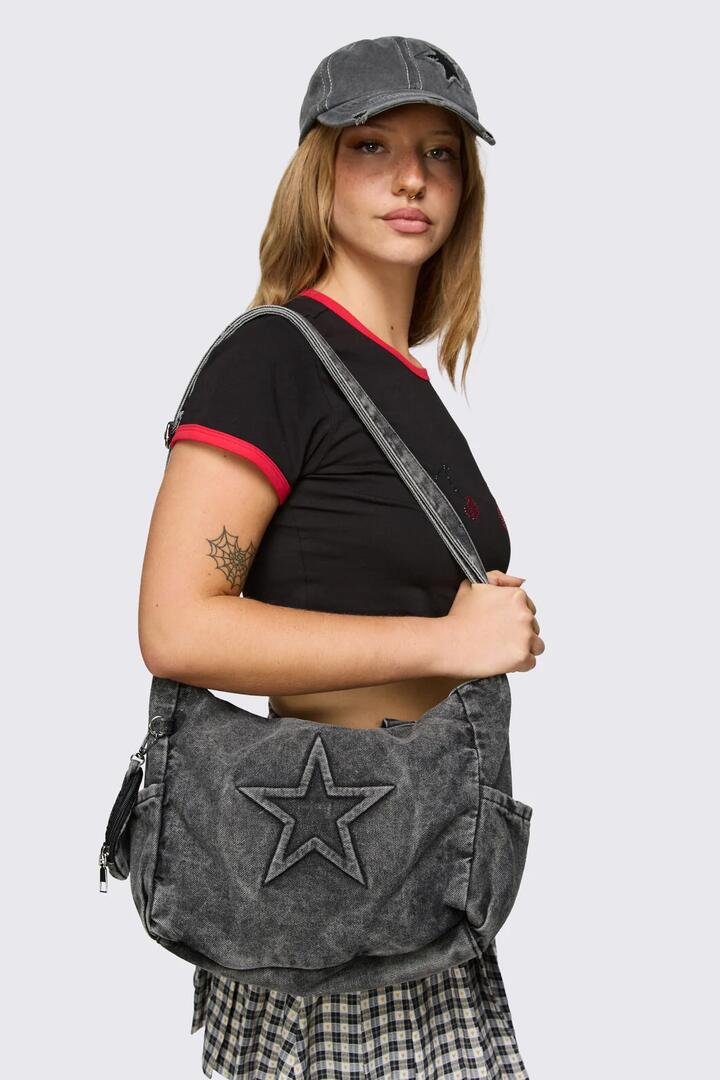 Image of Jeans. Product name - Embossed Star Denim Bag in Dark Grey colour by brand - Dangerfield