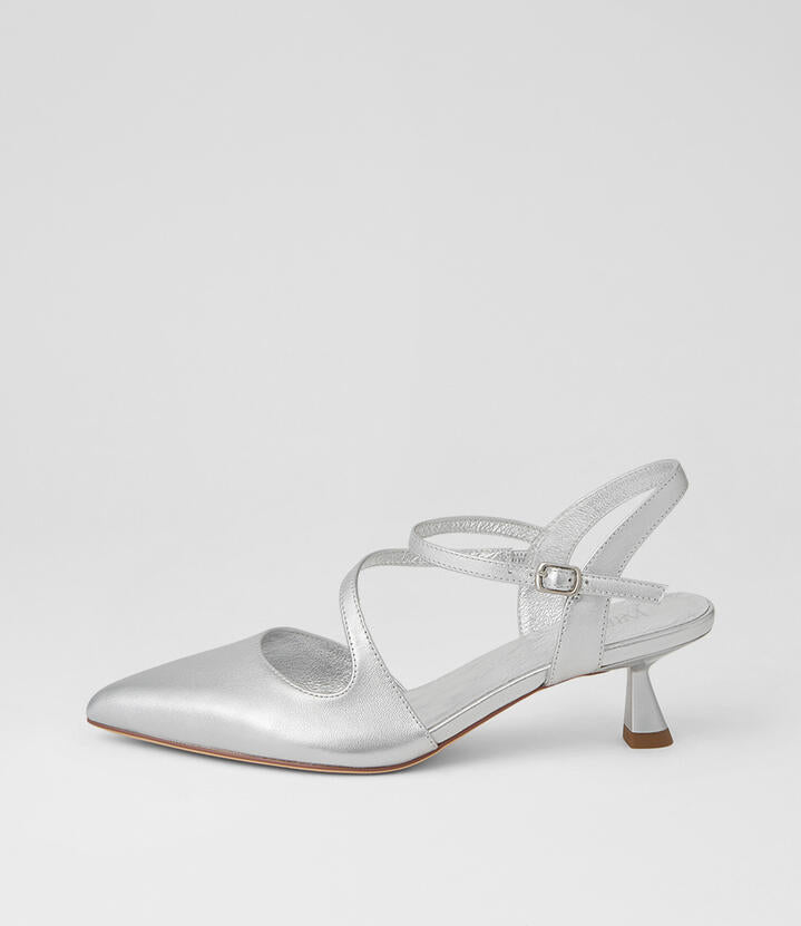 Image of Heels. Product name - Viv Silver Leather Heels in Silver colour by brand - MIDAS