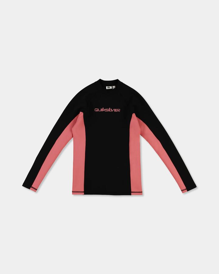 Image of a model wearing Tops. Product name - Quiksilver Womens Coastal Heater Long Sleeve Rashguard Black in Black colour by brand - Quiksilver
