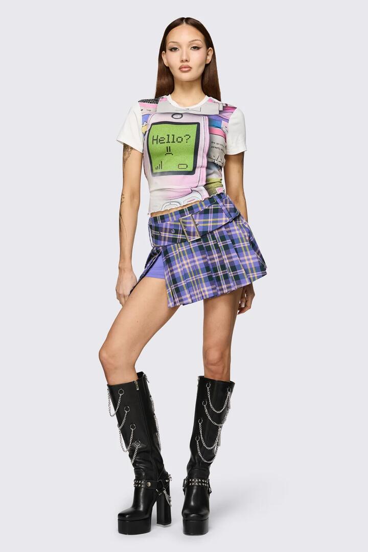 Image of a model wearing Skirts. Product name - Stuck In Your Head Belt Skort in Purple colour by brand - Black Friday