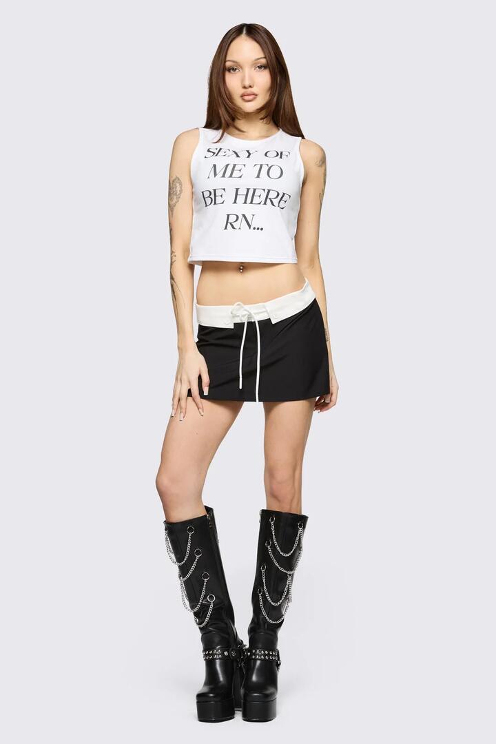 Image of a model wearing Tops. Product name - Hot Issue Slogan Tank in White colour by brand - Black Friday