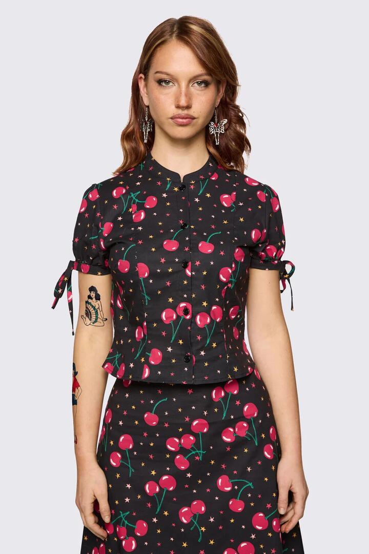 Image of Blouses. Product name - Delulu Print Blouse in Black colour by brand - Dangerfield