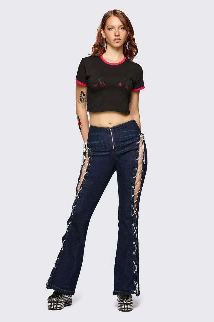 Image of Jeans. Product name - Dizzy Lace Up Flares in Navy colour by brand - Dangerfield