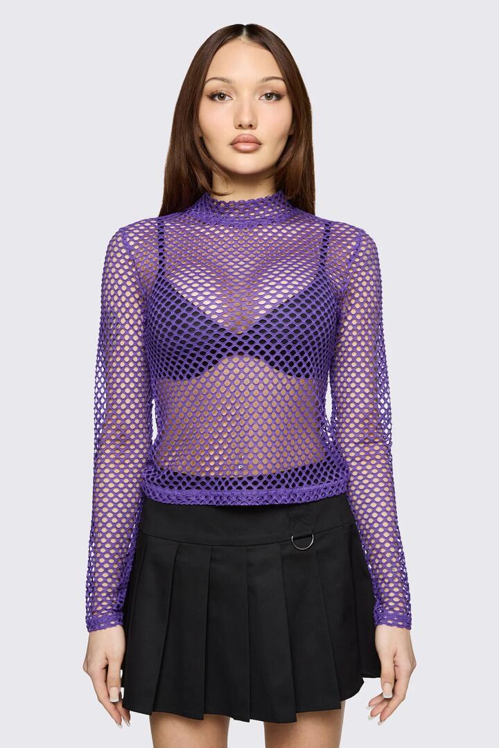 Image of a model wearing Tops. Product name - Bang Bang Mesh Top in Purple colour by brand - Black Friday