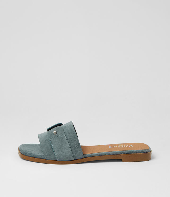 Image of Slippers. Product name - Leanora Blue Denim Suede Slides in Blue Denim colour by brand - MIDAS