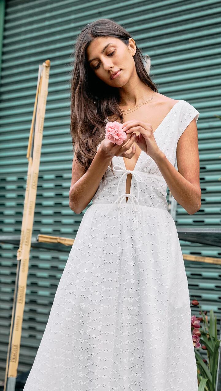 Image of Dresses. Product name - Cotton Broderie Anglaise Sleeveless Dress in White colour by brand - MINKPINK