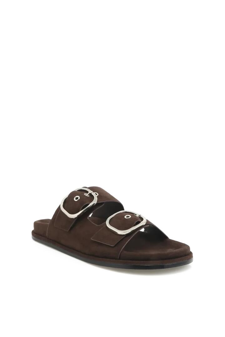 Image of Shoes. Product name - Rebeca Dark Cacao Suede Double Buckle Slide in Brown colour by brand - Billini