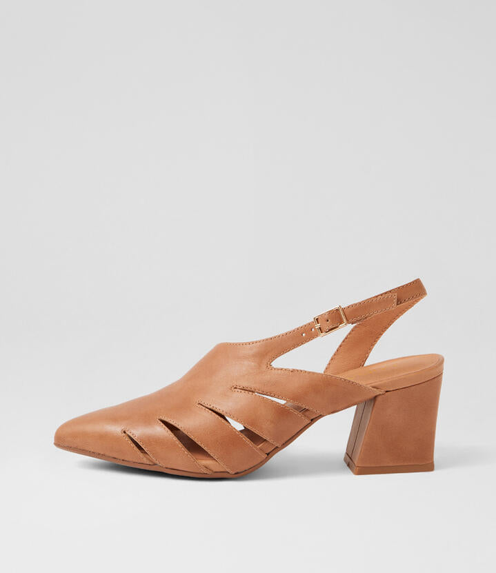 Image of Heels. Product name - Mirror Tan Leather Slingback Heels in Tan colour by brand - MIDAS