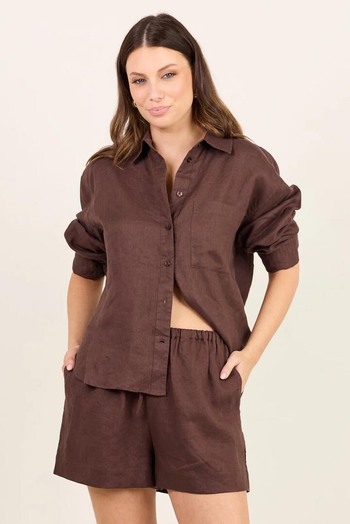 Image of Shirts. Product name - Uplifted Dark Chocolate Linen Oversized Shirt in Dark Chocolate colour by brand - RE:UNION Label