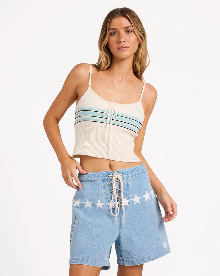 Image of a model wearing Shorts. Product name - Billabong Womens Joyride Denim Shorts Waterdrop Blue in Waterdrop Blue colour by brand - Billabong