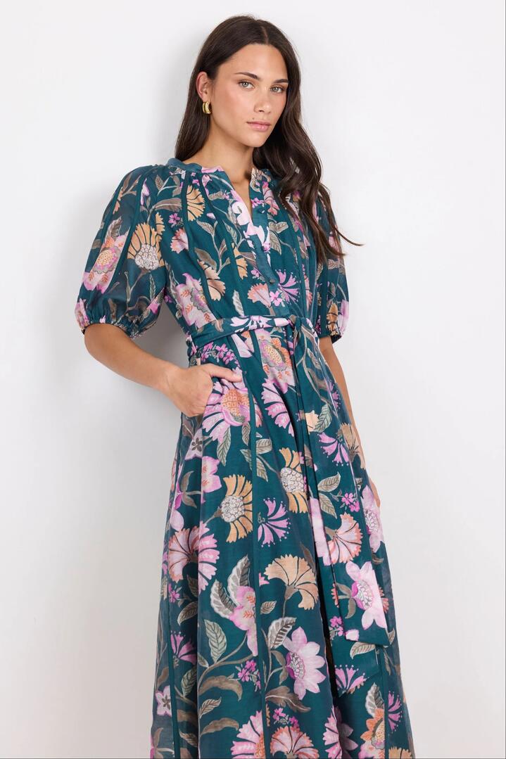 Image of Dresses. Product name - Intuition Petrol Scarf Print Puff Sleeve Maxi Shirt Dress in Petrol Scarf Print colour by brand - By Rosa.
