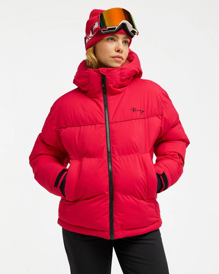 Image of a model wearing Outerwear. Product name - Roxy Womens 15K Alofted Puffer Jacket Barberry in Barberry colour by brand - Roxy