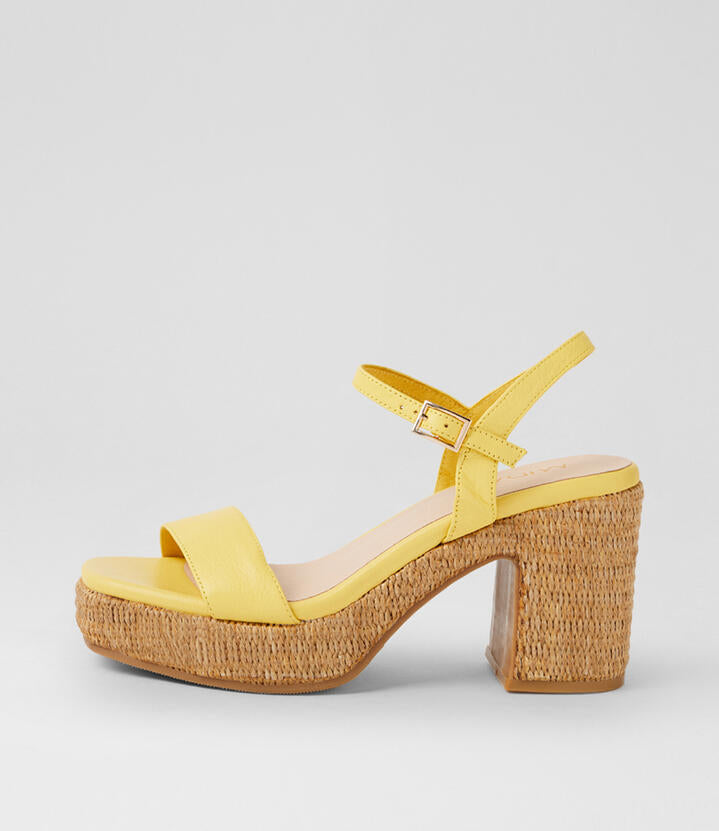 Image of Heels. Product name - Kennedy Yellow Natural Leather Platform Sandals in Yellow-Natural Heel colour by brand - MIDAS