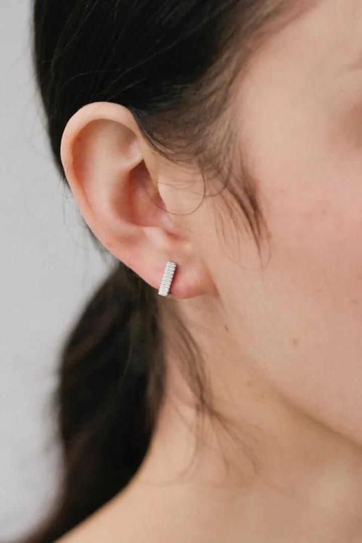 Image of Jewelry. Product name - Lines Square Silver Huggies EOL Earrings in Silver colour by brand - Sophie