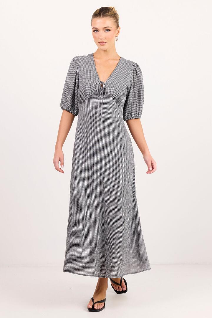 Image of Dresses. Product name - Accolade Black White Mini Gingham Mid Sleeve Tie Detail Midi Dress in Black White Mini Gingham colour by brand - Among the Brave