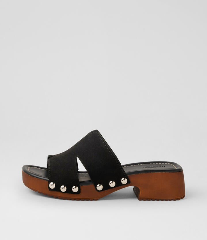 Image of Heels. Product name - Cranberri Black Suede Platform Sandals in Black colour by brand - MOLLINI