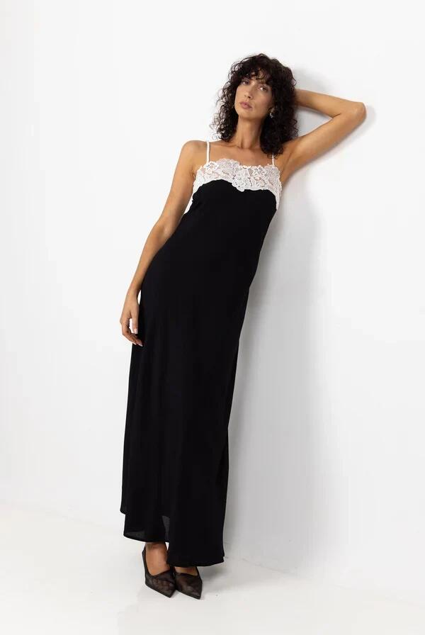 Image of Dresses. Product name - Aria Black Ivory Lace Strappy Maxi Dress in Black colour by brand - Blak