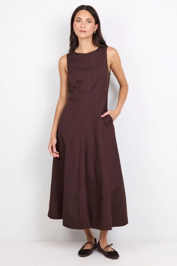 Image of Dresses. Product name - Forum Chocolate Panelled Sleeveless Maxi Dress in Chocolate colour by brand - RE:UNION Label