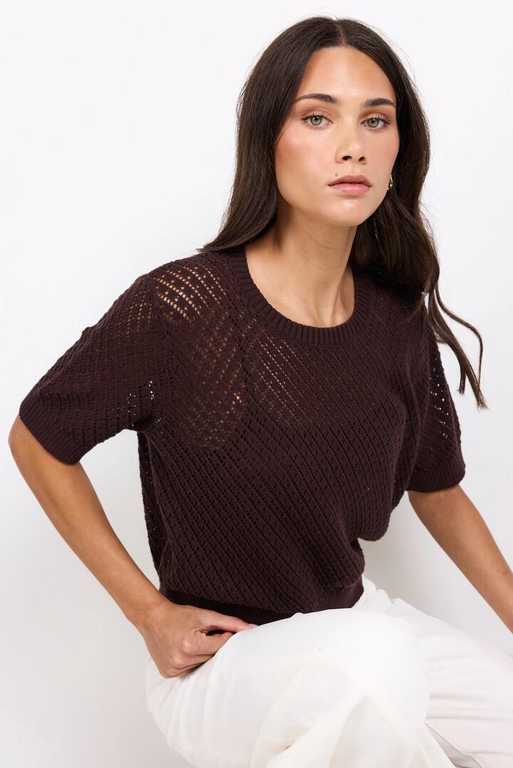 Image of a model wearing Outerwear. Product name - Dapple Chocolate Boxy Knit Lace Tee in Chocolate colour by brand - Ivy + Jack