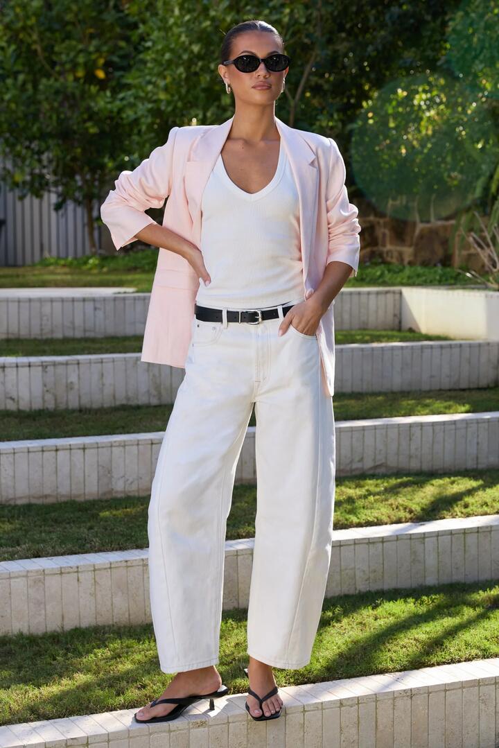 Image of Jeans. Product name - Varsity Ivory Forward Seam Barrel Jeans in Ivory colour by brand - Among the Brave