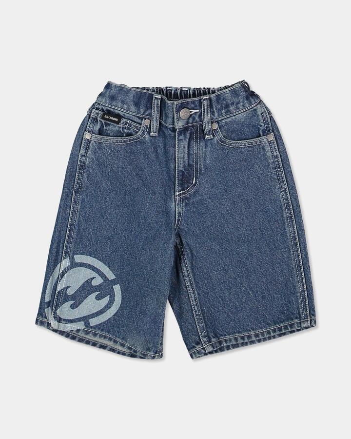 Image of a model wearing Shorts. Product name - Surf Dive 'n Ski Boys 2-7 Groms Spec 73 Baggy Denim Shorts Ocean Wash in Ocean Wash colour by brand - Surf Dive 'n Ski
