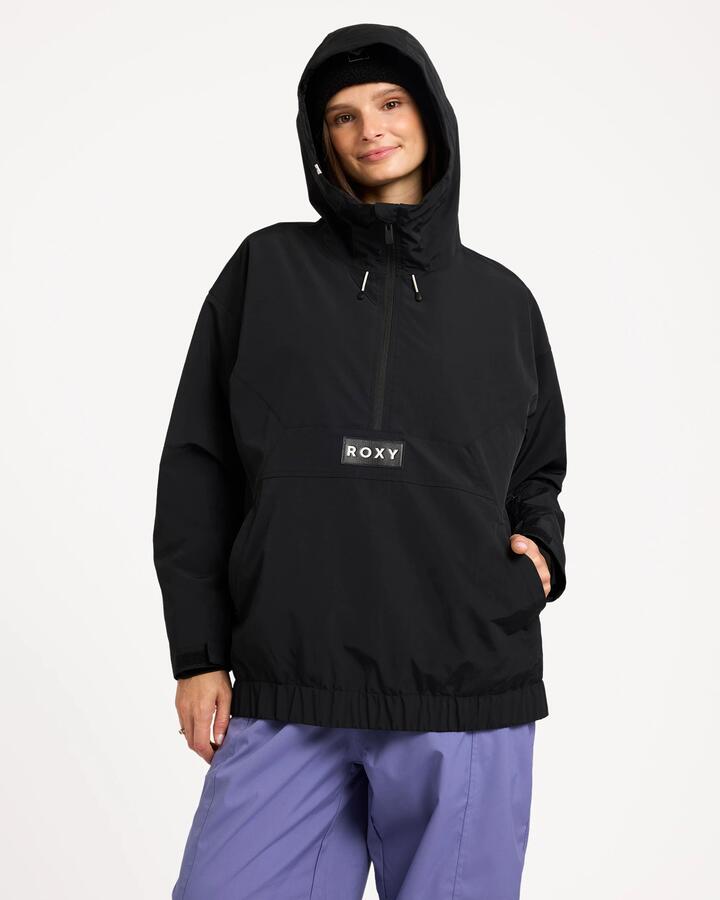 Image of a model wearing Outerwear. Product name - Roxy Womens Alpha Anorak Snow Jacket Blk in Blk colour by brand - Roxy
