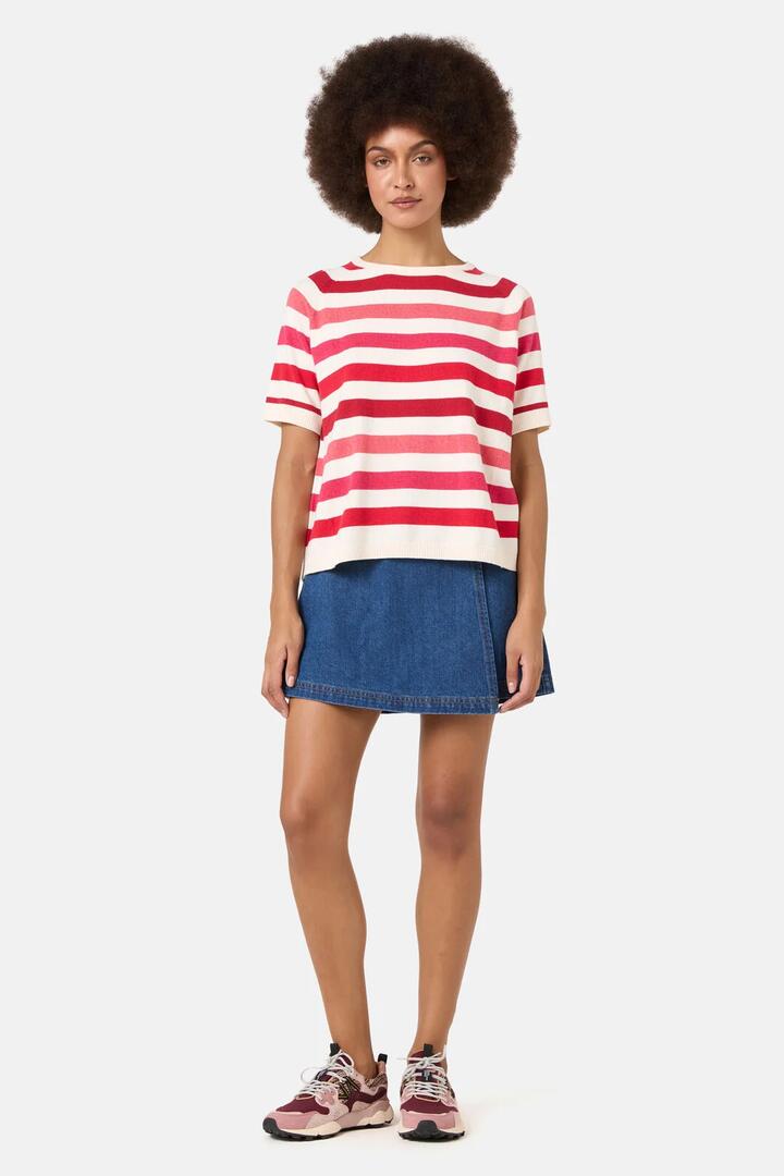 Image of a model wearing Tops. Product name - Mirage Stripe Knit Top in Pink colour by brand - Gorman