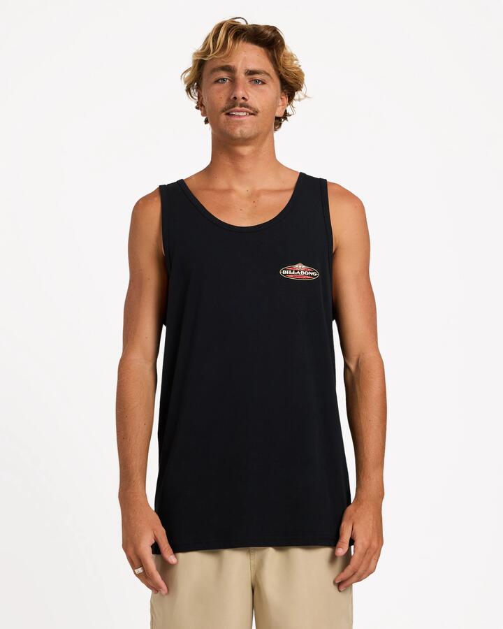 Image of a model wearing Tops. Product name - Billabong Mens Stringer Tank Black in Black colour by brand - Billabong