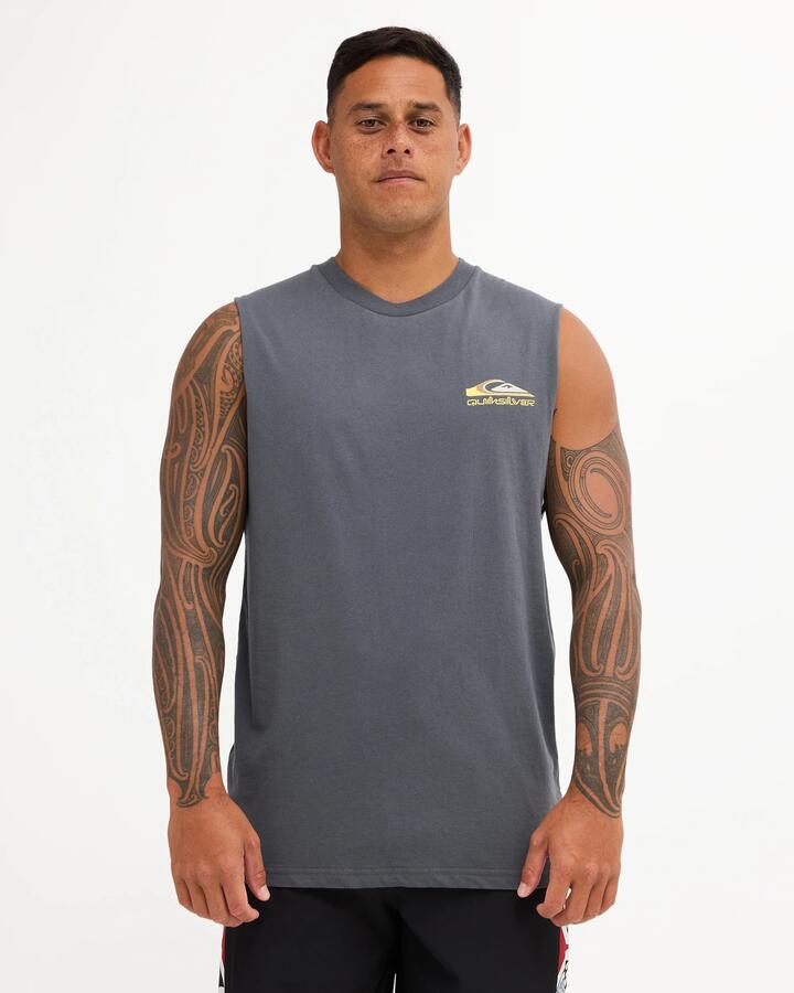 Image of a model wearing Tops. Product name - Quiksilver Mens Tai Uru Muscle Iron Gate in Iron Gate colour by brand - Quiksilver