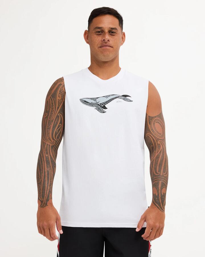 Image of a model wearing Tops. Product name - Quiksilver Mens Tohora Muscle White in White colour by brand - Quiksilver