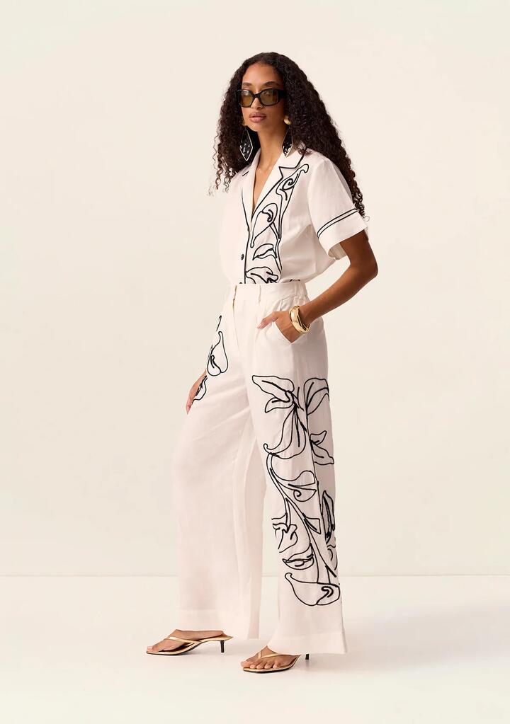 Image of a model wearing Pants. Productname: Lily Embroidery Pants in Ivory colour by brand - MOS The Label