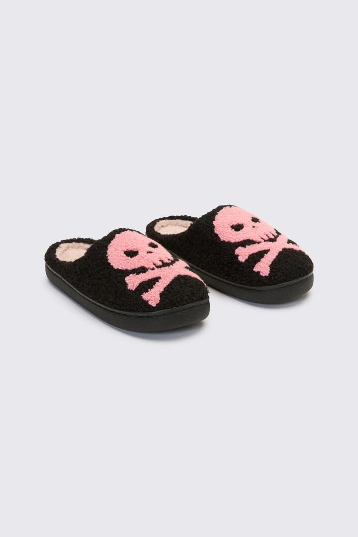 Image of Slippers. Product name - Skull & Crossbone Slippers in Black/Pink colour by brand - Dangerfield