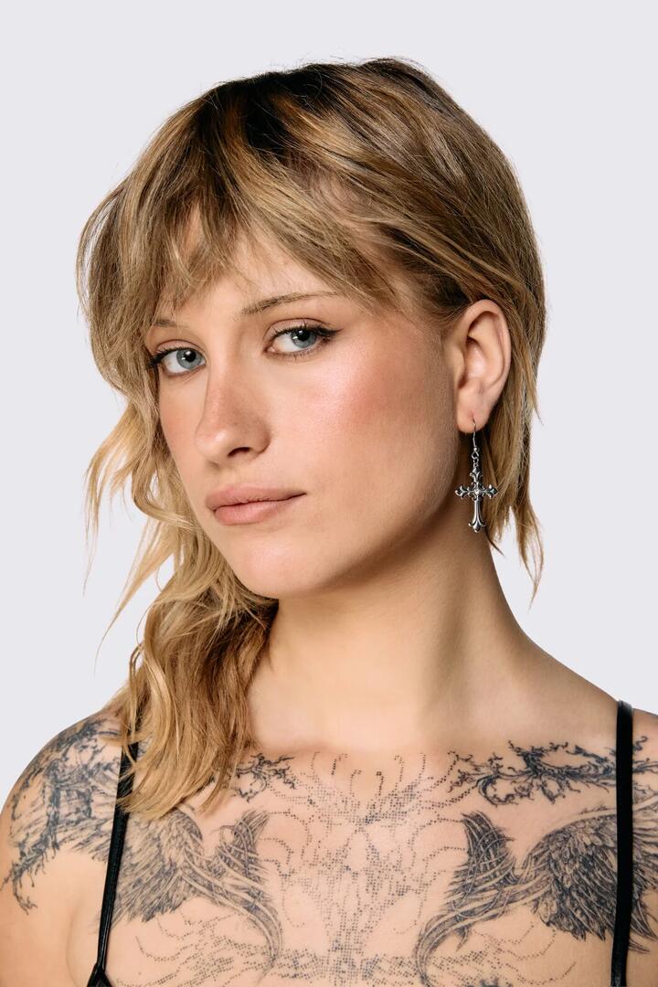 Image of Earrings. Product name - Crucifix Earrings in Silver colour by brand - Dangerfield