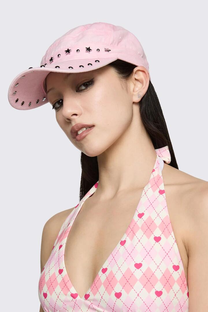 Image of Jeans. Product name - Washed Denim Star Stud Cap in Pink colour by brand - Black Friday
