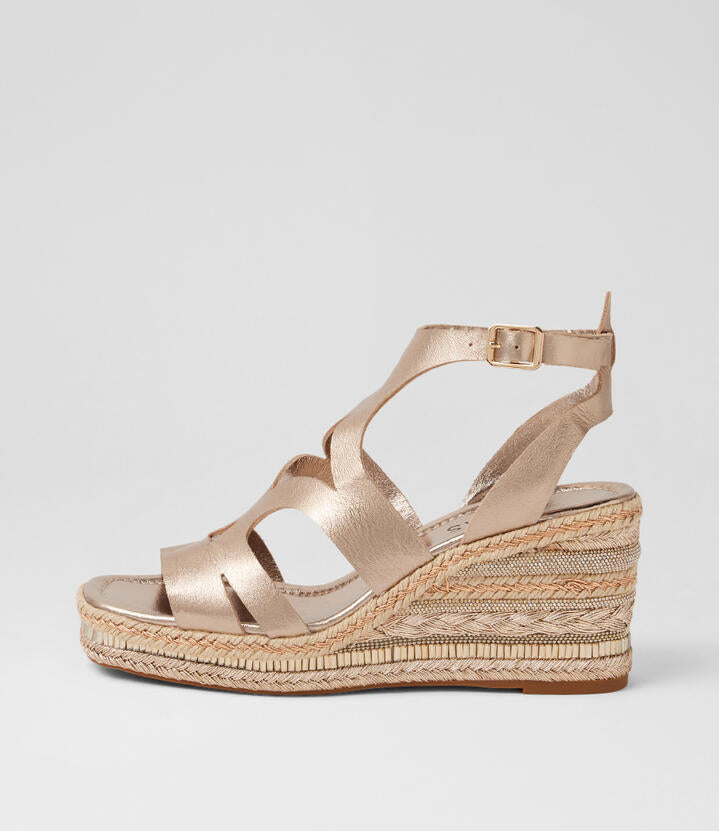 Image of Heels. Product name - Olee Champagne Leather Platform Wedge Sandals in Champagne colour by brand - MIDAS