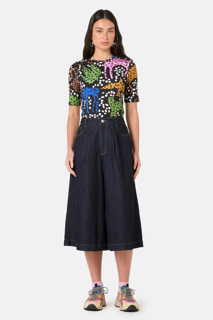 Image of a model wearing Skirts. Product name - Selma Denim Skort in Indigo colour by brand - Gorman