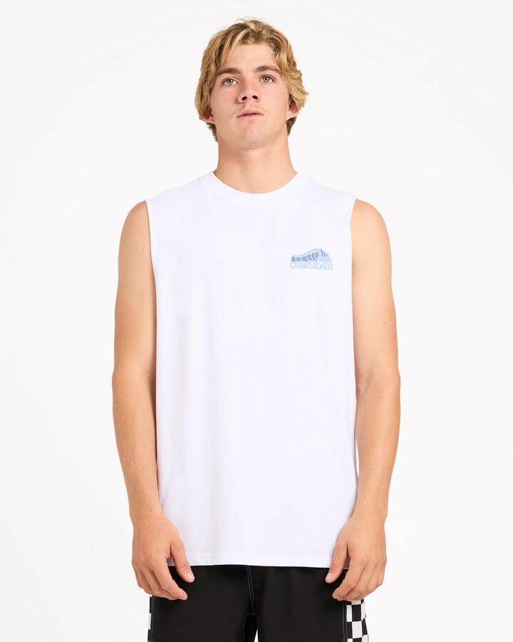 Image of a model wearing Tops. Product name - Quiksilver Mens Stacked Muscle White in White colour by brand - Quiksilver