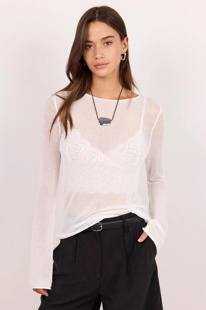Image of a model wearing Outerwear. Product name - Filigree Ivory Mesh Long Sleeve Knit Top in Ivory colour by brand - Ivy + Jack