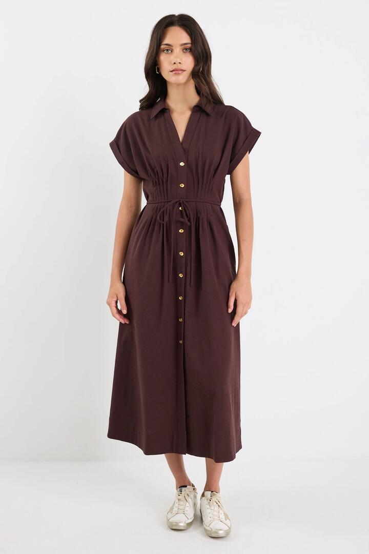 Image of Dresses. Product name - Carriage Chocolate Sleeveless Pintuck Midi Shirt Dress in Chocolate colour by brand - Stories be Told